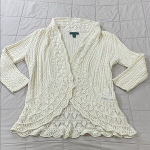 Lauren Jeans Company Cotton Sweater Cardigan Cream Medium 3/4 Sleeve